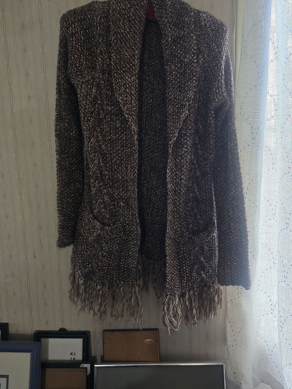 INC International Concepts Brown Marled Open-Front Fringe Cardigan